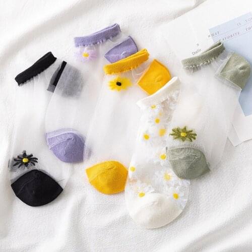 5 pairs Daisy Socks Short Female Summer Thin Glass Silk Socks Pack Kawaii Boat Socks Transparent Socks Funny Ankle Socks