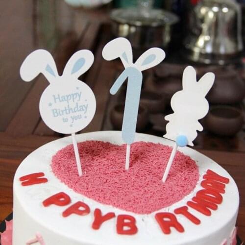 6pcs Rabbit ONE Cupcake Topper Baby Shower Pink Blue Happy Birthday Cake Topper For Kids First Birthday Party Cake Decorations
