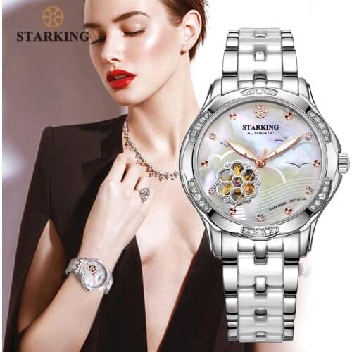 STARKING White Ceramic Women Watches Bracelet Sapphire Crystal Shell Dial Ladies Hollow Self-wind Mechanical Watch Elegance Relo
