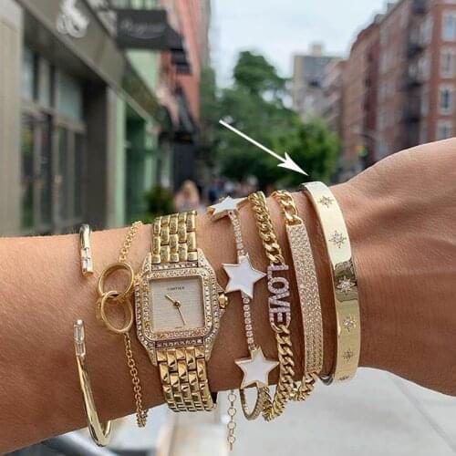 Elegance Wide Band Starburst Northstar Engraved Circle Open Cuff Bangle for Women European Classic Fashioin Women Dainty Jewelry