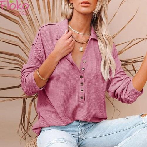 Flokocloset Solid Color Long Sleeve Button T Shirt for Women 2021 New Spring Autumn Casual Turn-down Collar Y2k Tops