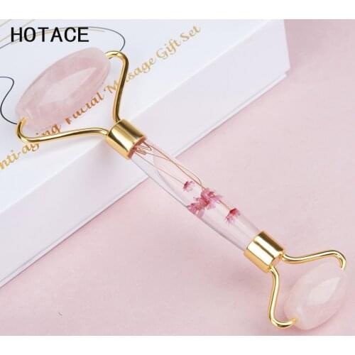 HOTACE Natural Rose Quartz Jade Roller Facial Body Massager Roller Acrylic Eternal Flower StickFace Lifting Beauty Massage Tool