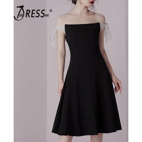 INDRESSME 2019 New Fashion Style Black Off the Shoulder Mesh Slash Bow Tie Party Midi Dress A- Line Sexy Club Wholesale INS