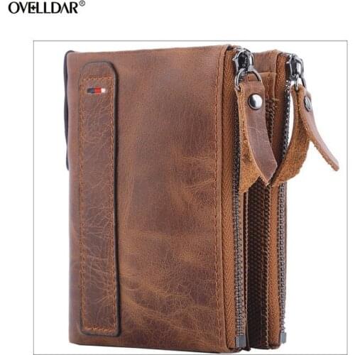 Mens Genuine Leather Wallet Short Fashion Coin Purse Crazy Horse Cowhide Double Zipper Wallet Coin Purse Money Bag