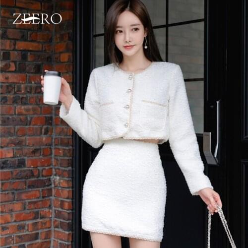Spring Autumn Woman White Vintage Two Piece Set O-Neck Single-breasted Long Sleeve Short Coat Top + High Waist Mini Skirt Suit