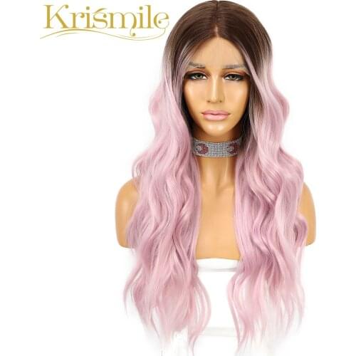 Krismile Long Wave Synthetic Wigs Middle Part Lace Wig Ombre Pink High Temperature High Density Party Cosplay Daily for Women