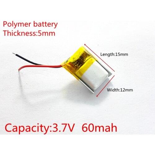 Li-Po 3.7V,60mAH,501215 PLIB; polymer lithium ion / Li-ion battery for GPS,mp3,mp4,mp5,dvd,,model toy