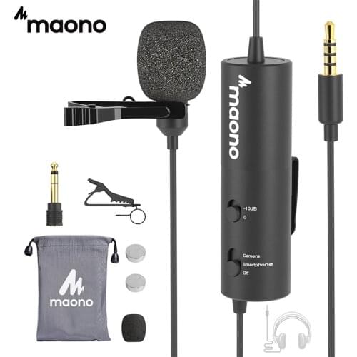 MAONO AU-102 Lavalier Microphone 6M Clip-on 3.5mm Collar Condenser Lapel Mic for recording Phone DSLR Camera With Headphone JACK