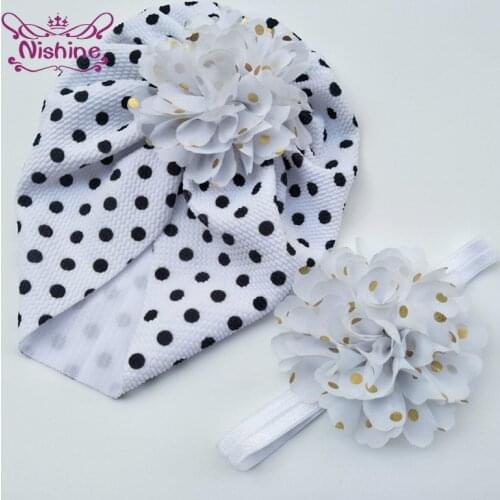 Nishine Fashion Golden Dots Flower Hat and Headband Set Handmade Chiffon Floral Infant Caps DIY Kids Headwear Photography Props