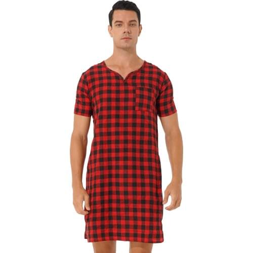 Men Sissy Casual Plaid Nightshirt Sleepwear Loungewear V Neck Short Sleeve Nightdress Pajamas Homewear Nightwear