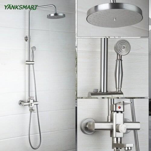 YANKSMART Brushed Nickel Bathtub Bathroom wall mount shower set + control valve hand sprayer 8 inch shower head