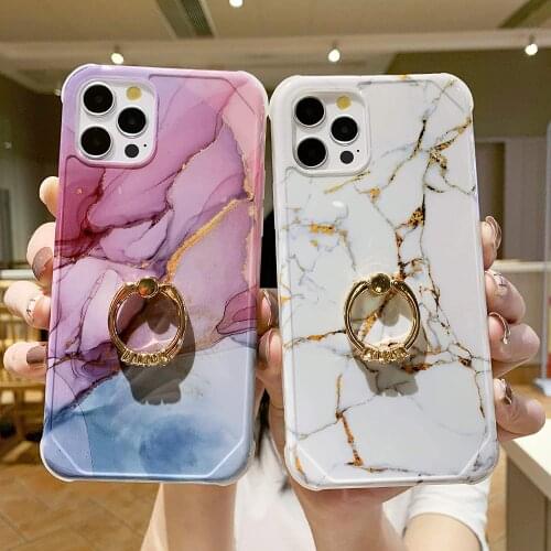 Luxury Gold Marble Phone Case with Ring Kickstand Shockproof Cute Cover for iPhone 12 11 Pro Xs Max & Samsung S21 Note 20