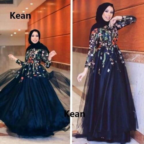 Navy Blue Muslim Evening Dress Scarf Full Sleeve Lace vestido de festa Islamic Dubai Kaftan Saudi Arabic Evening Gown Prom Dress