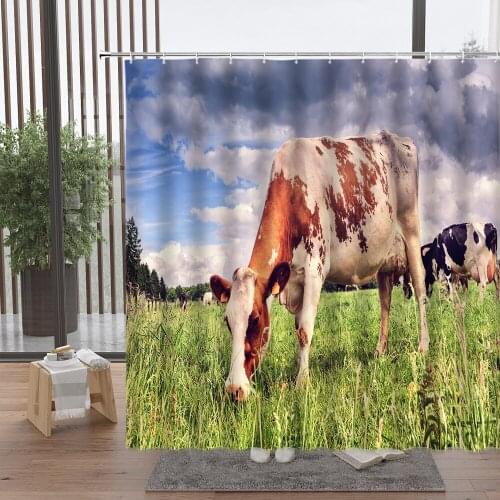 Farm Cow Shower Curtain Grassland Pasture Animal Blue Sky Green Plant Bathroom Polyester Waterproof Hanging Home Decor Set