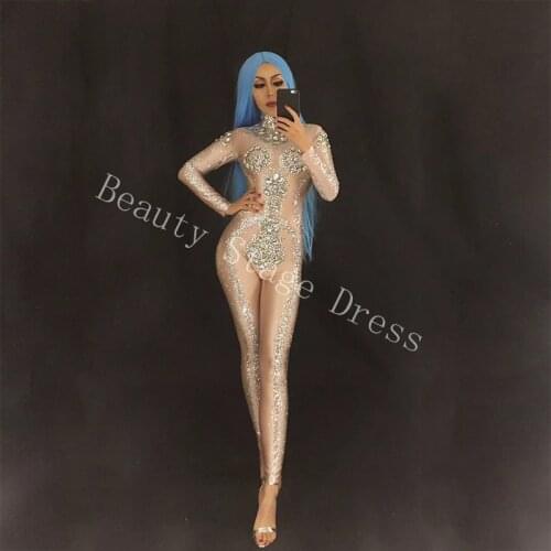 Bright Rhinestones Long Sleeves Singer Jumpsuit Sexy Stones Leggings Stage Performance Wear One Piece Dance Costume DJ Outfit