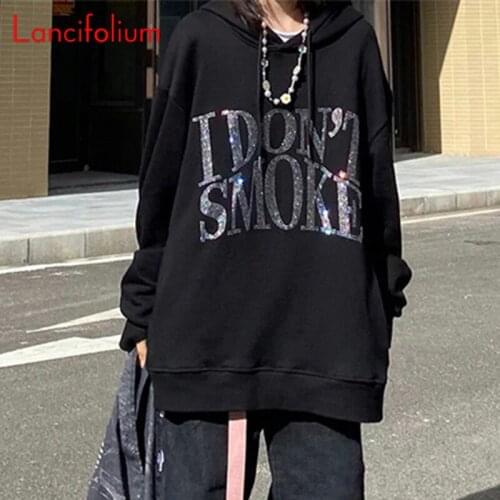 Diamond Letter Streetwear Oversized Hooded Hoodies Cotton Fall Goth Gothic Harajuku Long Sleeve Top Sweatshirts Jacket Women2021