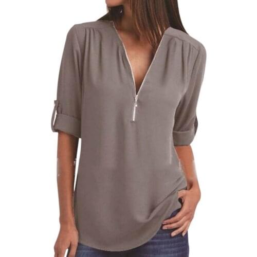 Women Blouses Summer Elegant V Neck Roll Up Long Sleeve Zipper Tunic Chiffon Tops Casual Loose Blue Shirt Female S-5XL Plus Size