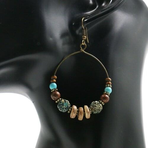 8Seasons Fashion Women Drop Earrings Bronze Hook Vintage Round Circle Pendants Wood Beads Trendy Earrings Classic Gift,1 Pair