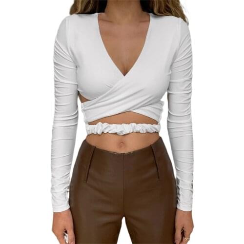 2021 New Womens Cross Wrap Crop Tops Ruched Long Sleeve Deep V Neck Cut Out Slim Fit T-Shirts