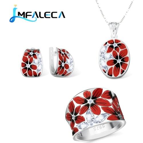 LMFALECA Silver 925 Jewelry Sets for Women Red Plum Blossom Flower Necklace Earrings Ring Set Handmade Enamel Luxury Jewelry