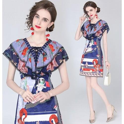 Dropshipping Summer Runway Vintage Floral Print V Neck Bow Ruffled Cape Sleeve Women Ladies Party Casual A-Line Short Dress