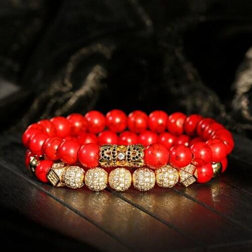 2020 Luxury Men Bracelet Homme Jewelry Women Bracelet Set Red Stone Gold Zircon CZ Ball Beaded Bracelets