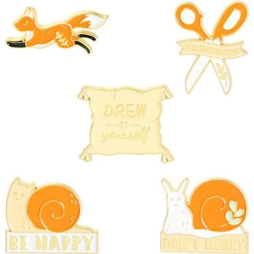 Cartoon Snails Fox Scissors Brooches Don't Hurry Enamel Pins Bag Lapel Badge Fashion Jewelry Gift for Kids Friends Trinket