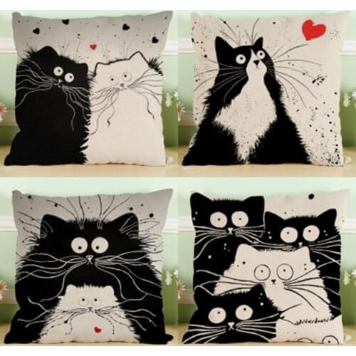 Creative Cat Cushion Cover White Cat Printing Throw Pillow Cover Black Cat Cotton Linen Home Decoration Pillowcase funda cojin
