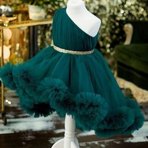Customized Dark Green High Low Baby Girls Dresses Kids Clothes Little Princess Birthday Party Gown Size 1-14Y