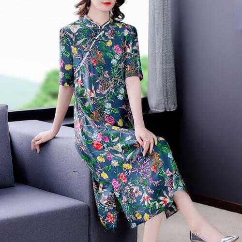 Summer Chinese Style Print Mulberry Silk Midi Dress 2021 Vintage Casual 4XL Plus Size Dress Elegant Women Bodycon Party Vestidos