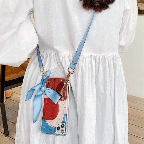 Fashion Cross Shoulder Strap Glitter Marble TPU Case For iPhone 11 Pro Max XS Max XR X 7 8 Plus cases Bow Necklace Soft Cover