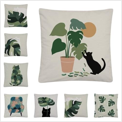 Green Plants And Cats Photo Pattern Soft Short Plush Cushion Cover Pillowcase Home Sofa Car Decoration Pillowcase45X45 Cm