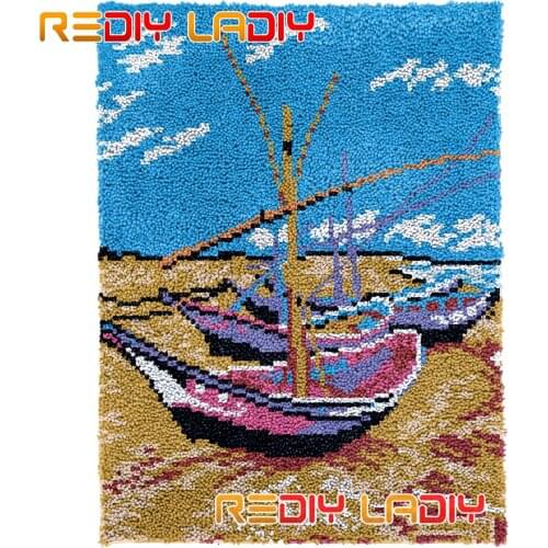 Latch Hook Rug Kits Coast Boats DIY Carpet Rug Needlework Plush Wall Hanging Chunky Yarn Art Crocheted Floor Mat Hobby & Crafts
