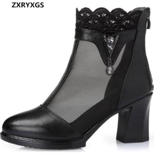 2020 New Summer Women Boots Sandals Rhinestone Thick With High Heeled Sandals Lace Mesh Cow Leather Sandals Women Fashion Shoes