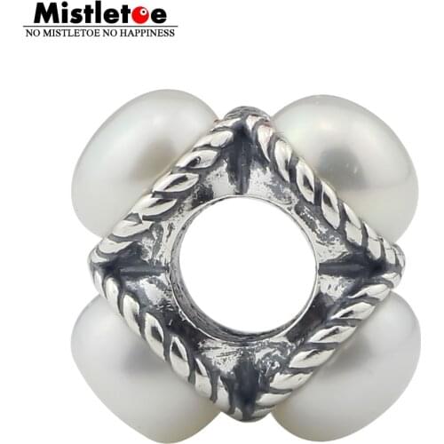 Mistletoe 925 Sterling Silver Natural White Pearl Spacer Charm Bead European Jewelry