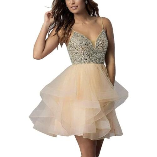 Wholesale sequined lace sexy summer short cocktail party prom dresses for girls Sling V-neck Backless cute