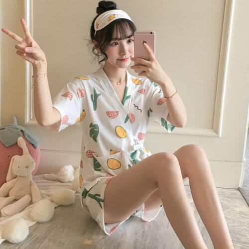 Pajama Sets Women Printed Pocket V-neck Sleepwear Loose Korean Style Drawstring Home-wear Sweet Girls Casual Popular Comfortable