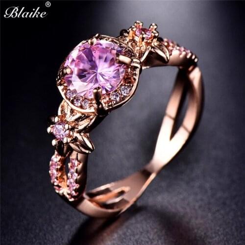 Blaike Boutique Pink Zircon Female Rose Gold Filled Xmas Present Flower Rings for Women Wedding Jewelry Engagement Ring