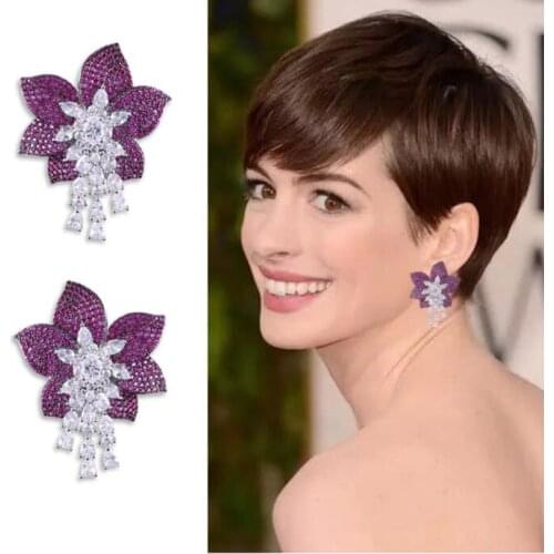 ACCKING Luxury Pink Flower leaves long disign Full Micro Cubic Zirconia Women Bridal Wedding Engagement Earring wholesale