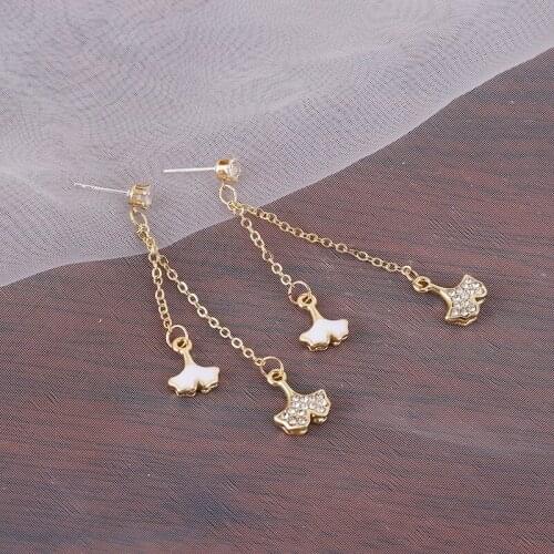 2020 new wild Japanese, Korean and Korean earrings fan-shaped earrings long tassel earrings ginkgo leaf Trend exquisite earrings