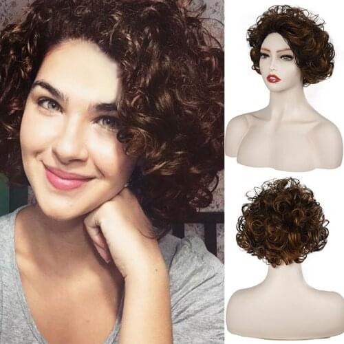 Short Curly Wigs For Women Heat resistant synthetic Wigs With Natural Part Side Brown Black,Daily use,Cosplay,work wigs