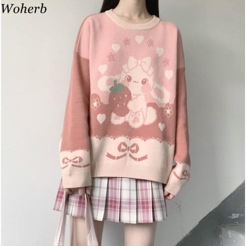 Woherb Japanese Kawaii Knitting Sweater Women Cute Cartoon Print Pink Pullover New Autumn Winter Vintage Jumper Top