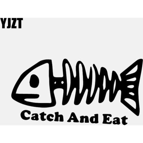 YJZT 16.7CM*8.4CM Catch And Eat Bone Fish Decal Vinyl Car Sticker Car Window Fishing Black/Silver C24-1020