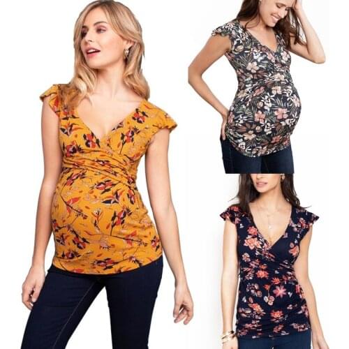 Women Pregnancy Clothes Nursing Top Maternity Tops V-neck Short Sleeve T Shirt Printed Floral Blouse Breastfeeding Tops Shirts