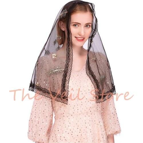 D Shape Women Mantilla Veils for church Catholic Tulle Embroided Latin Mass Black Sequins Traditional Headcovering MS2003