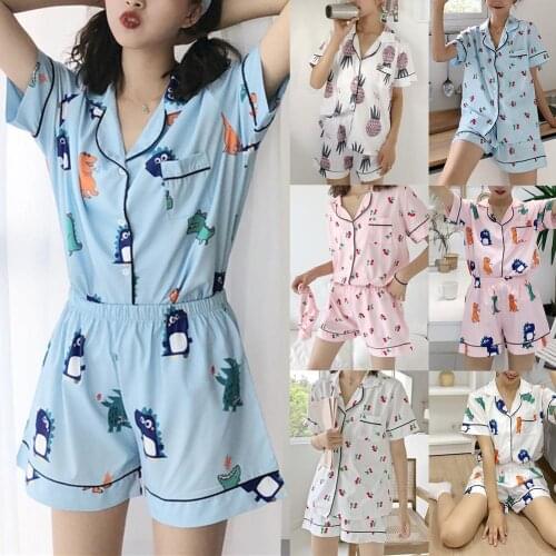 2Pcs Women Pajama Set Turn Down Collar Short Sleeve Top Tshirt Hot Shorts Pyjamas Womens Pajama Set Sleepwear Femme Pijamas