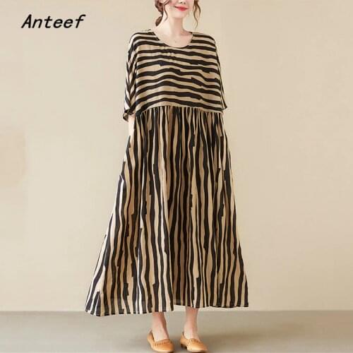 Short sleeve cotton satin vintage stripe dresses for women casual loose long woman summer dress elegant clothes 2021