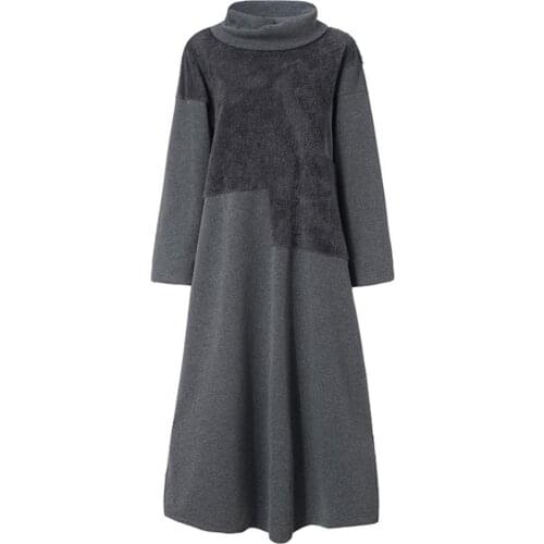 50% HOT SALES！！Women Autumn Turtleneck Long Sleeve Patchwork Plush Irregular Hem Maxi Dress