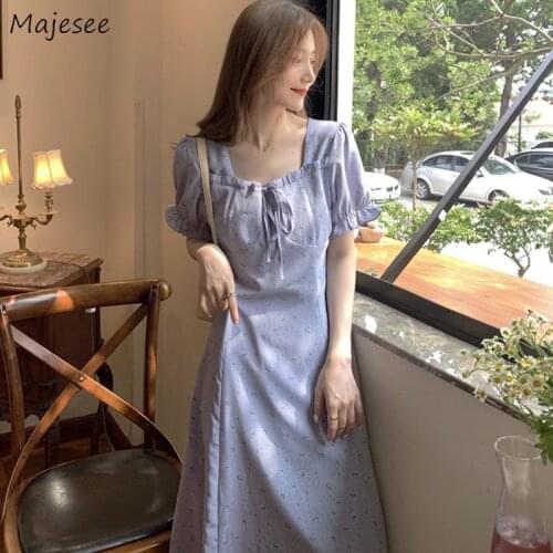 Women Dresses Floral Fresh Korean Style Ruched Lace-up Square Collar Puff Sleeve New Designers Ulzzang Tender Ins Sweet French