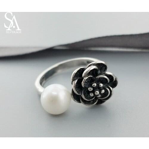 925 Sterling Silver Pearl Wedding Vintage rings Pearl Jewelry Luxury Flowers Ring 100% Genuine Adjustable rings for women Gift